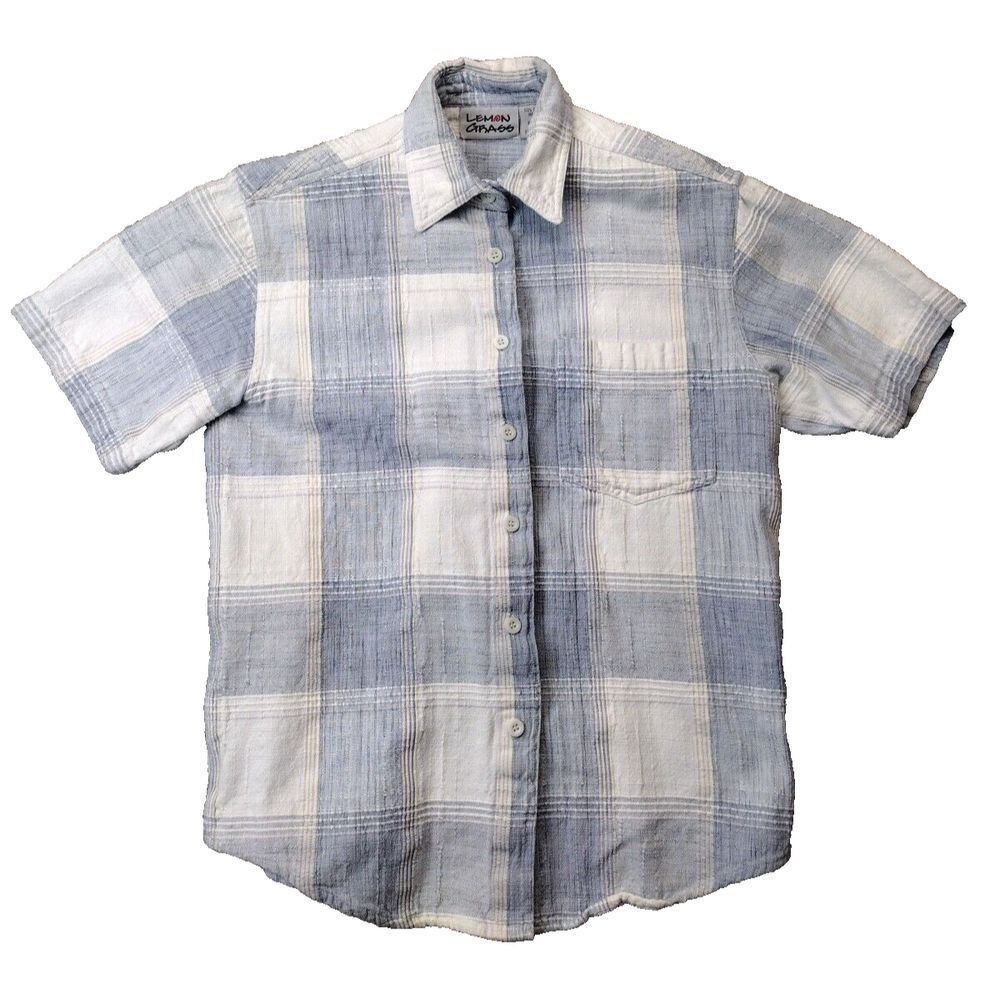 Vintage Lemon Grass Blue Plaid Short Sleeve Button Up Shirt Women Small